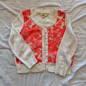 Anthropologie White and Coral Cardigan